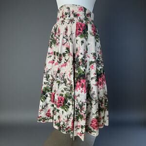 Vintage 50s Full Flared Midi Skirt Ivory Pink Size 8 Romantic Rockabilly Pin Up